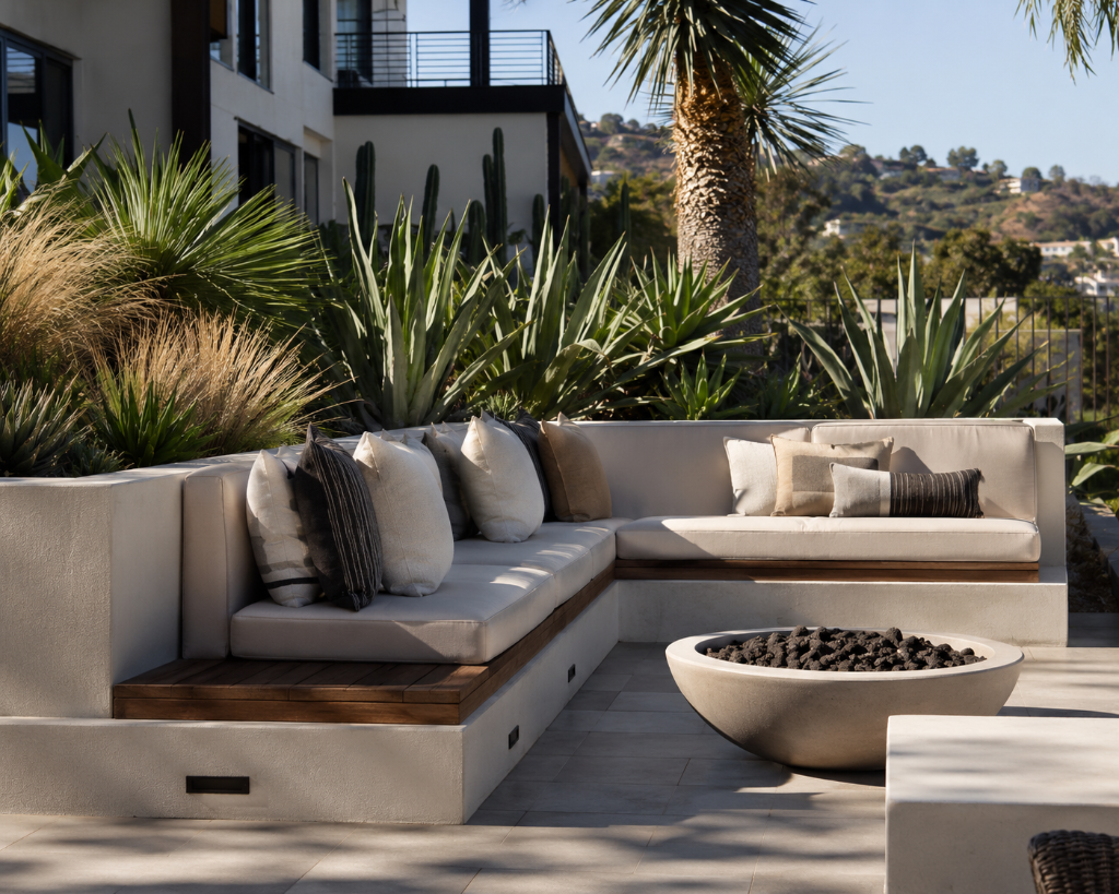 Custom built-in bench seating on outdoor deck