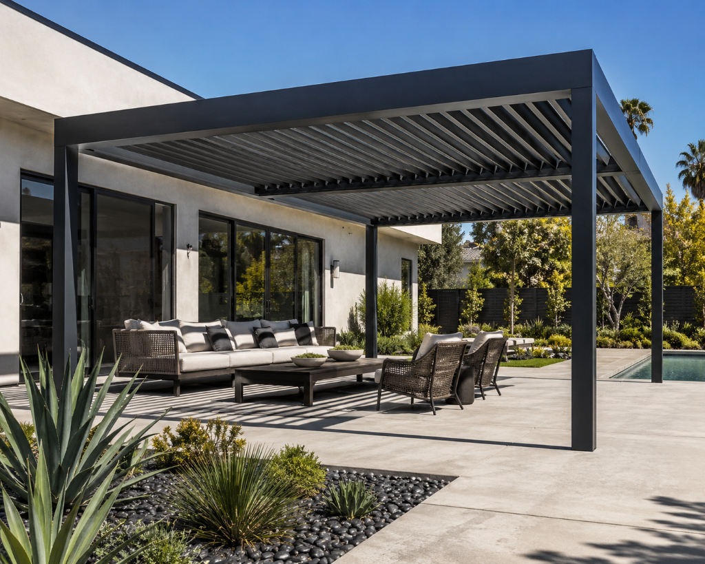 Custom pergola and patio cover for an outdoor seating area