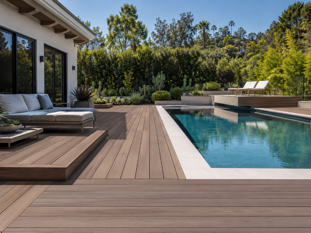 Poolside deck designed for a backyard outdoor living area