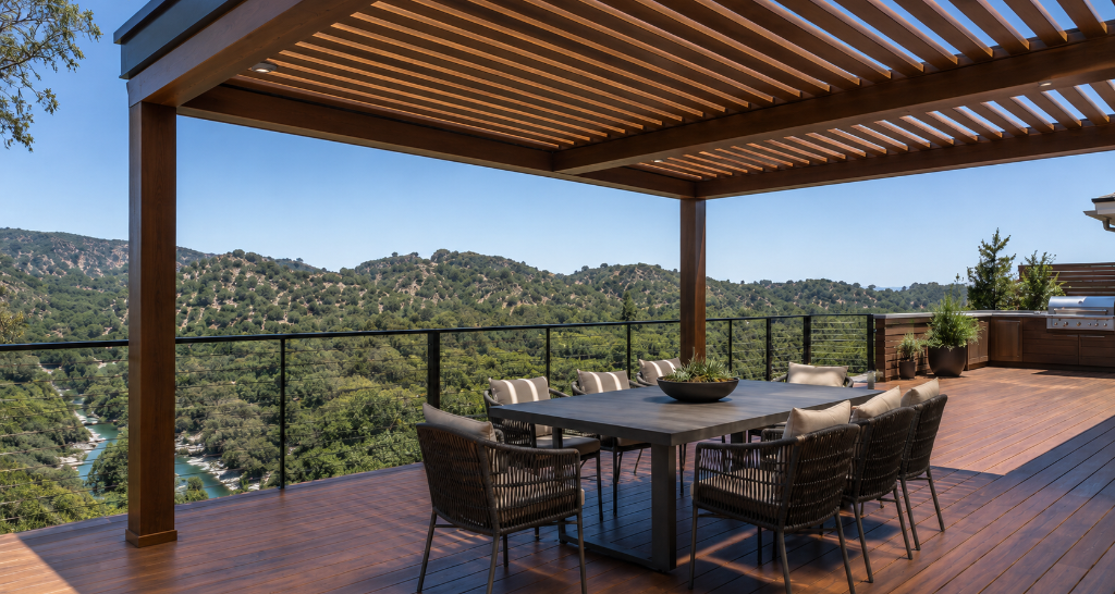 Custom outdoor living space with pergola and deck