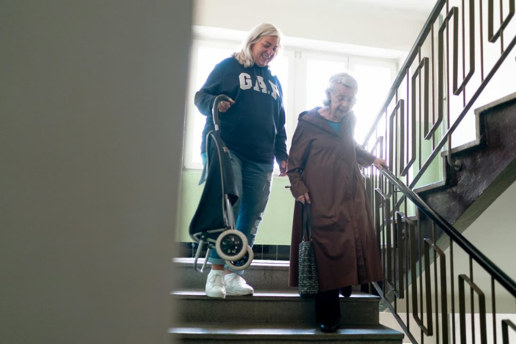 Betreuungskraft unterstützt eine Seniorin zu Hause bei der Alltagsbegleitung