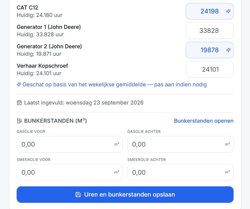 Uren registreren met vooraf geschatte meterstanden en bunkerstanden
