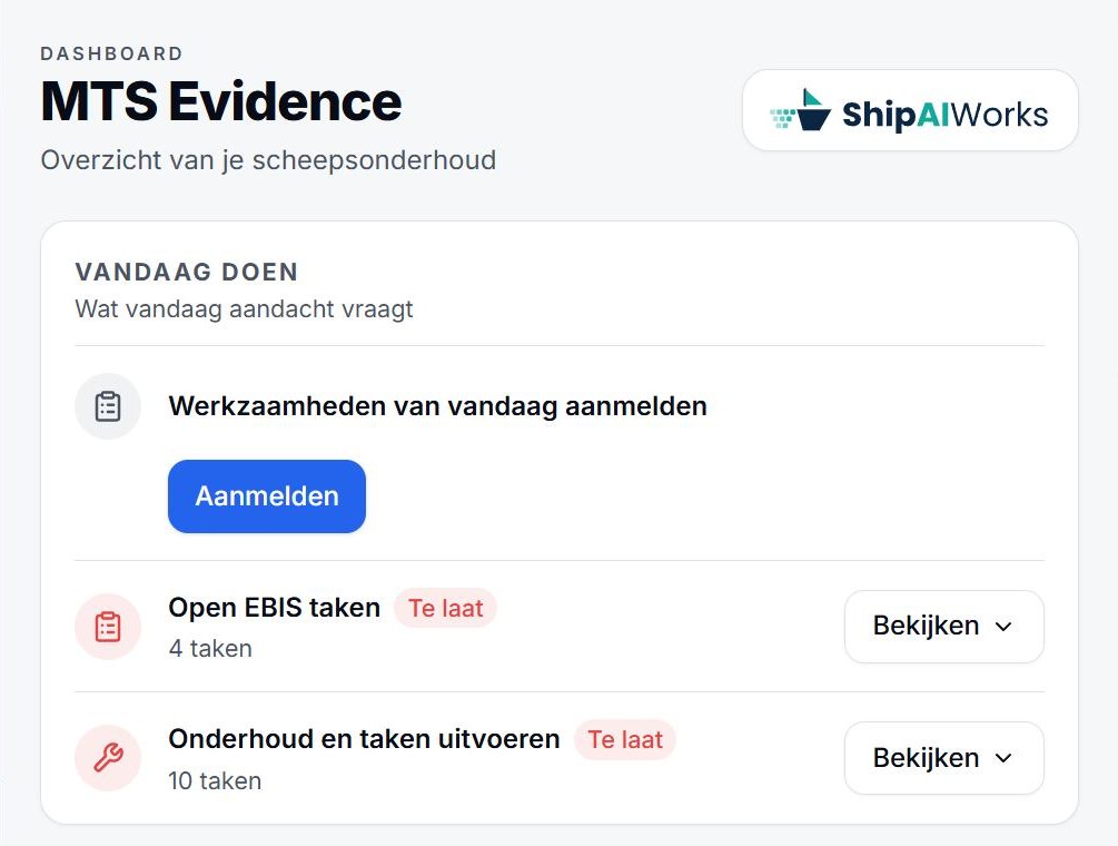 Dashboard met Vandaag doen, open EBIS-taken en onderhoud