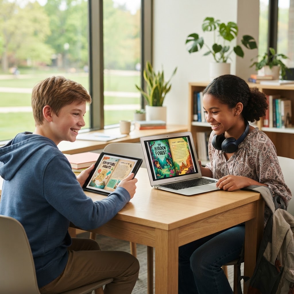 White and Latino students reading ebooks on a tablet and laptop