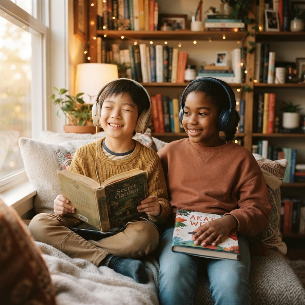 Asian and Black children listening to audiobooks