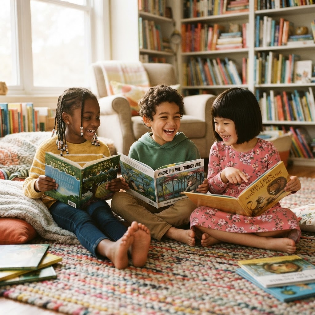 Children of different ethnicities reading physical books together