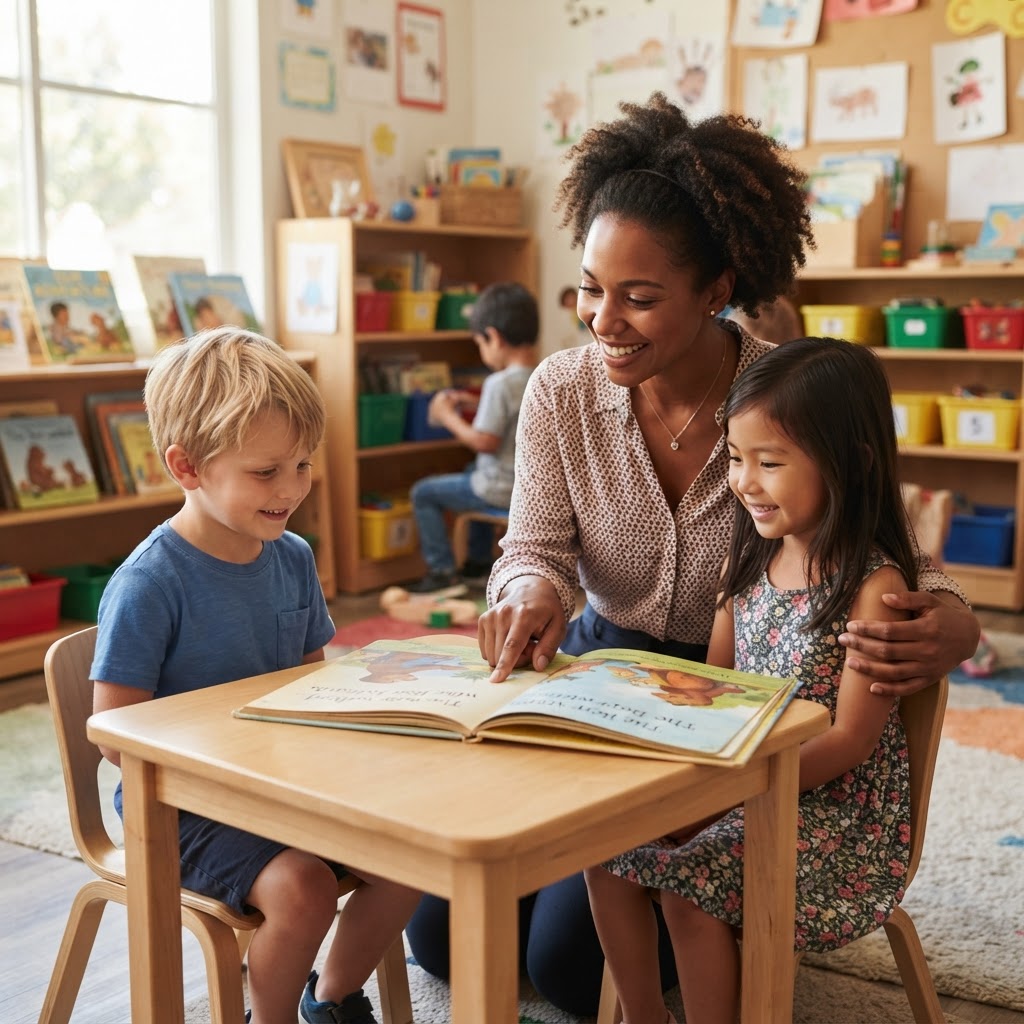 Black teacher helping white and Asian children read