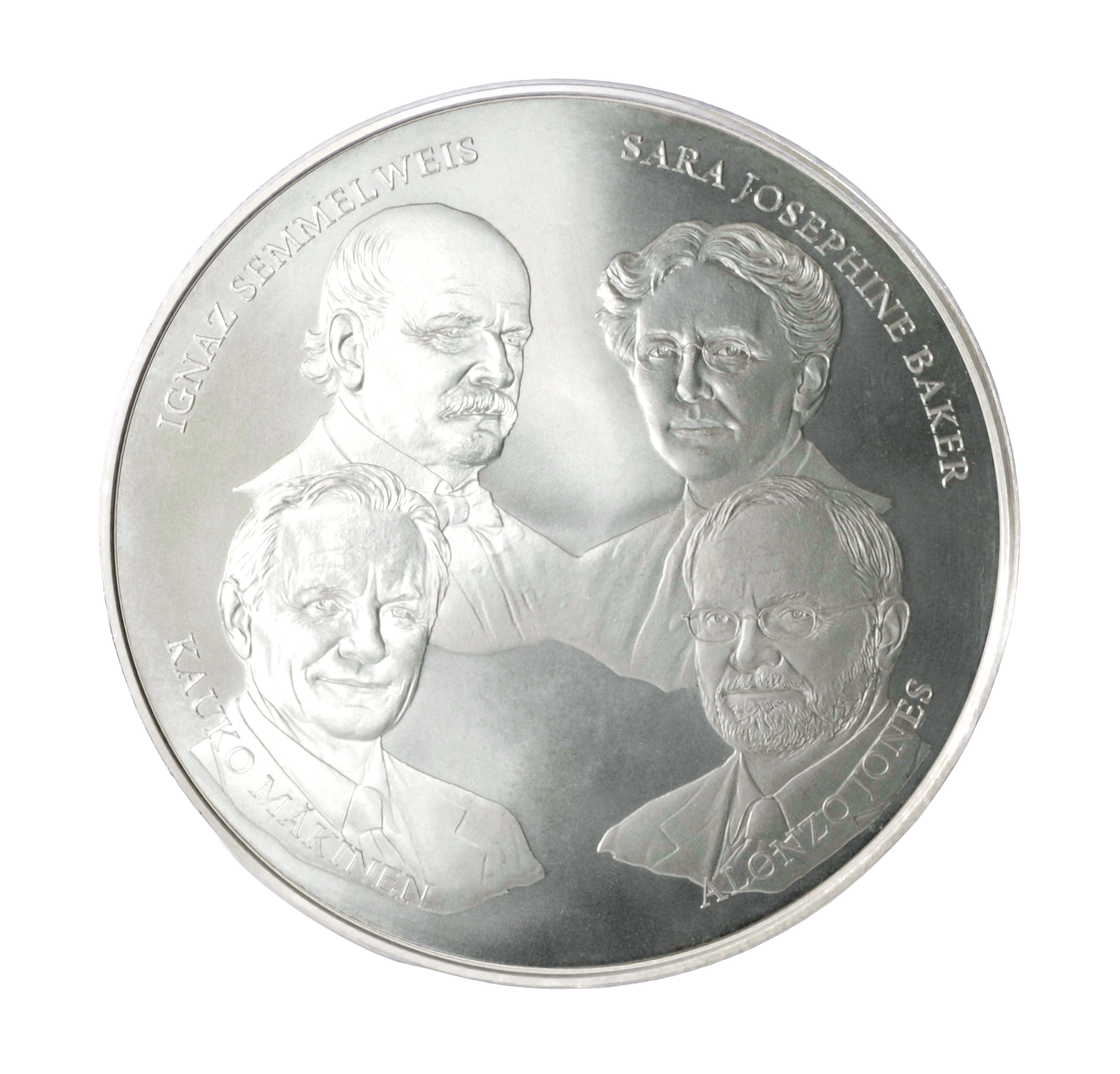 Hygiene Innovation Prize commemorative coin bearing relief portraits of Ignaz Semmelweis, Sara Josephine Baker, Kauko Mäkinen, and Alonzo Jones