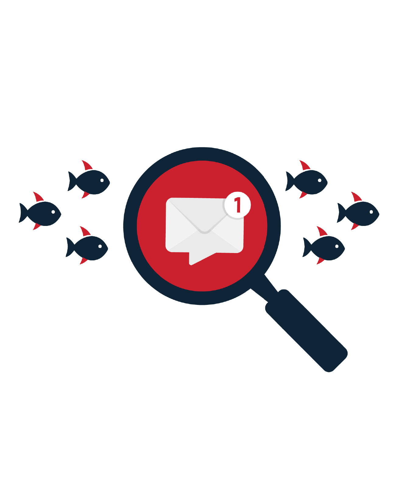 Magnifying glass with red lens examining a school of fish, representing live phishing threat intelligence
