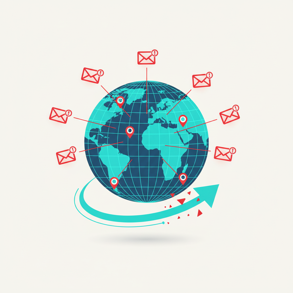 Globe with cyan digital mesh, red threat markers and outbound email alert icons, representing AI-powered phishing response and autoquarantine