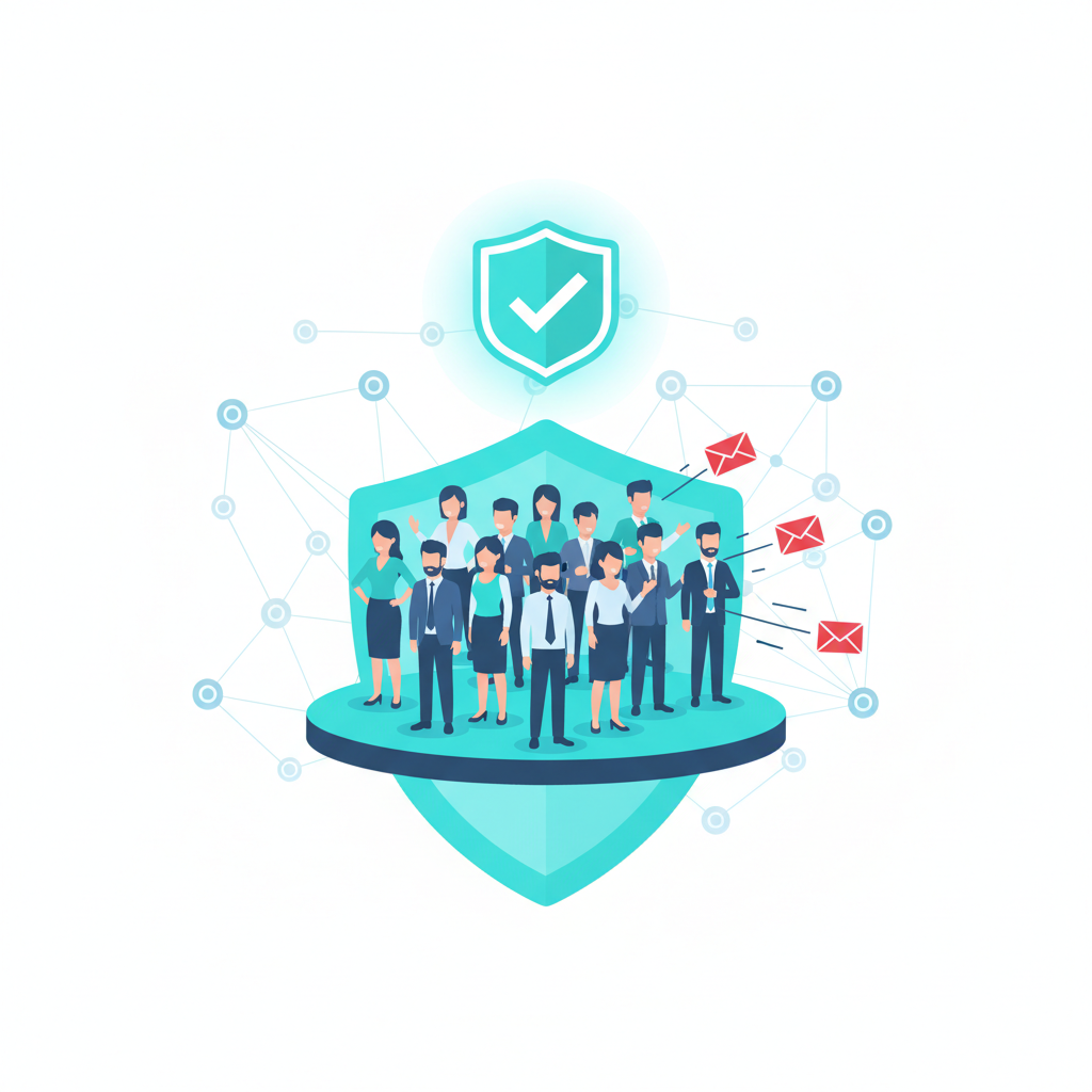 Group of professionals on a protective shield with a glowing verification badge and neural network background, representing human risk management feeding back into unified phishing defence