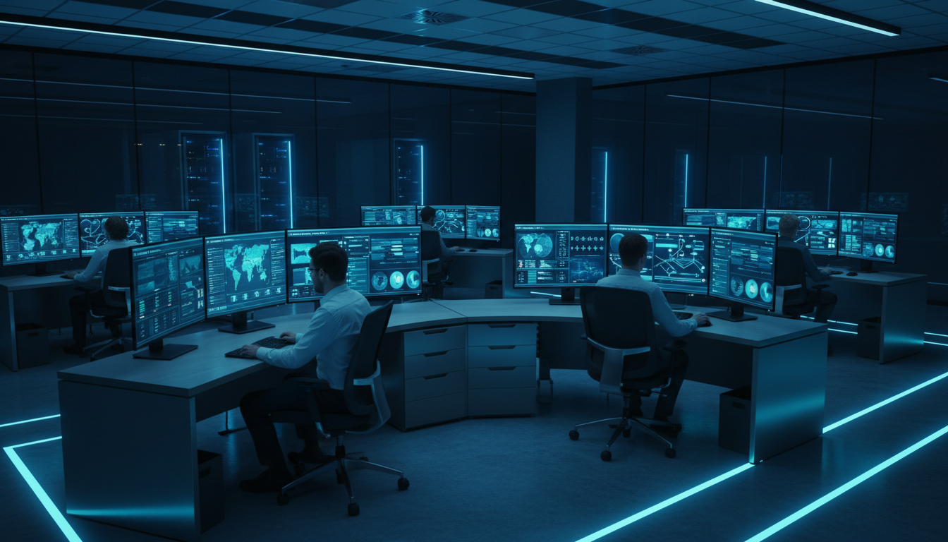 Modern UK enterprise cybersecurity operations centre monitoring Microsoft 365 phishing threats