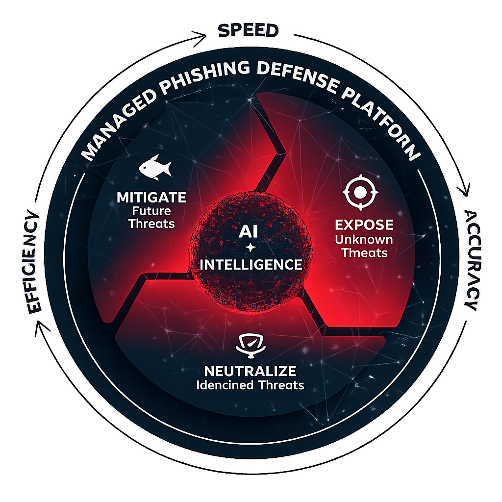 Cofense Managed Phishing Defense Platform diagram showing AI and Intelligence core with Expose, Neutralize and Mitigate threat segments