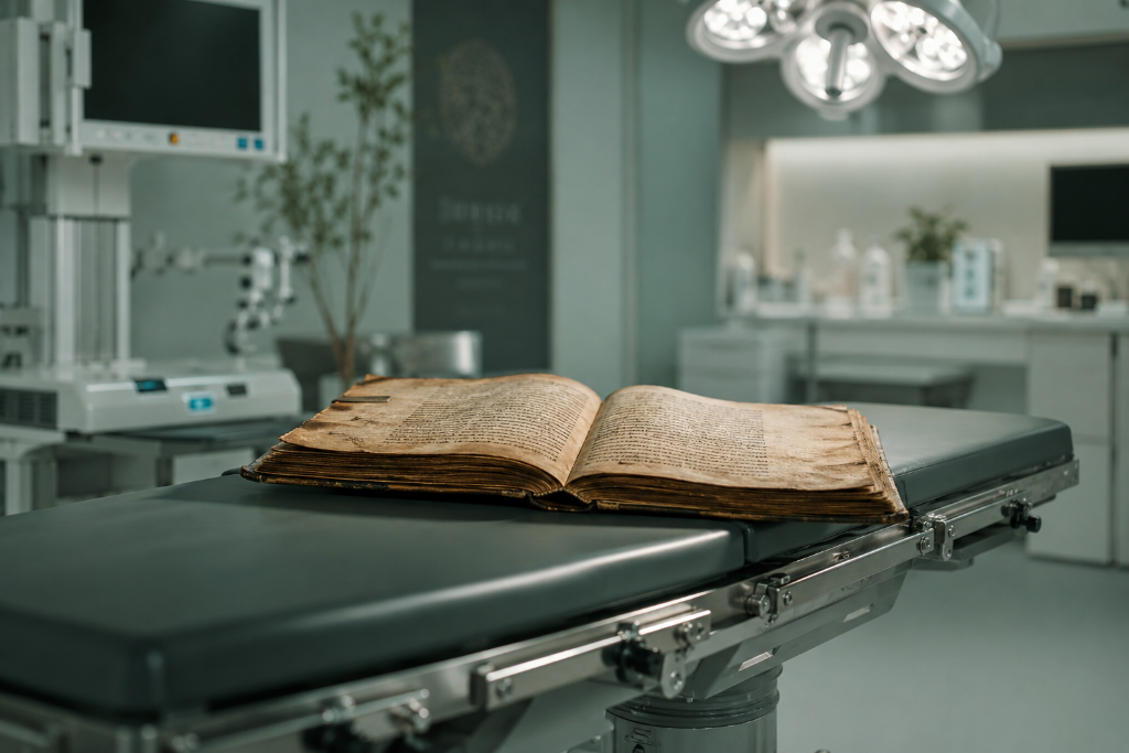 Stara księga medyczna na stole operacyjnym — wiedza i doświadczenie Marina Clinic