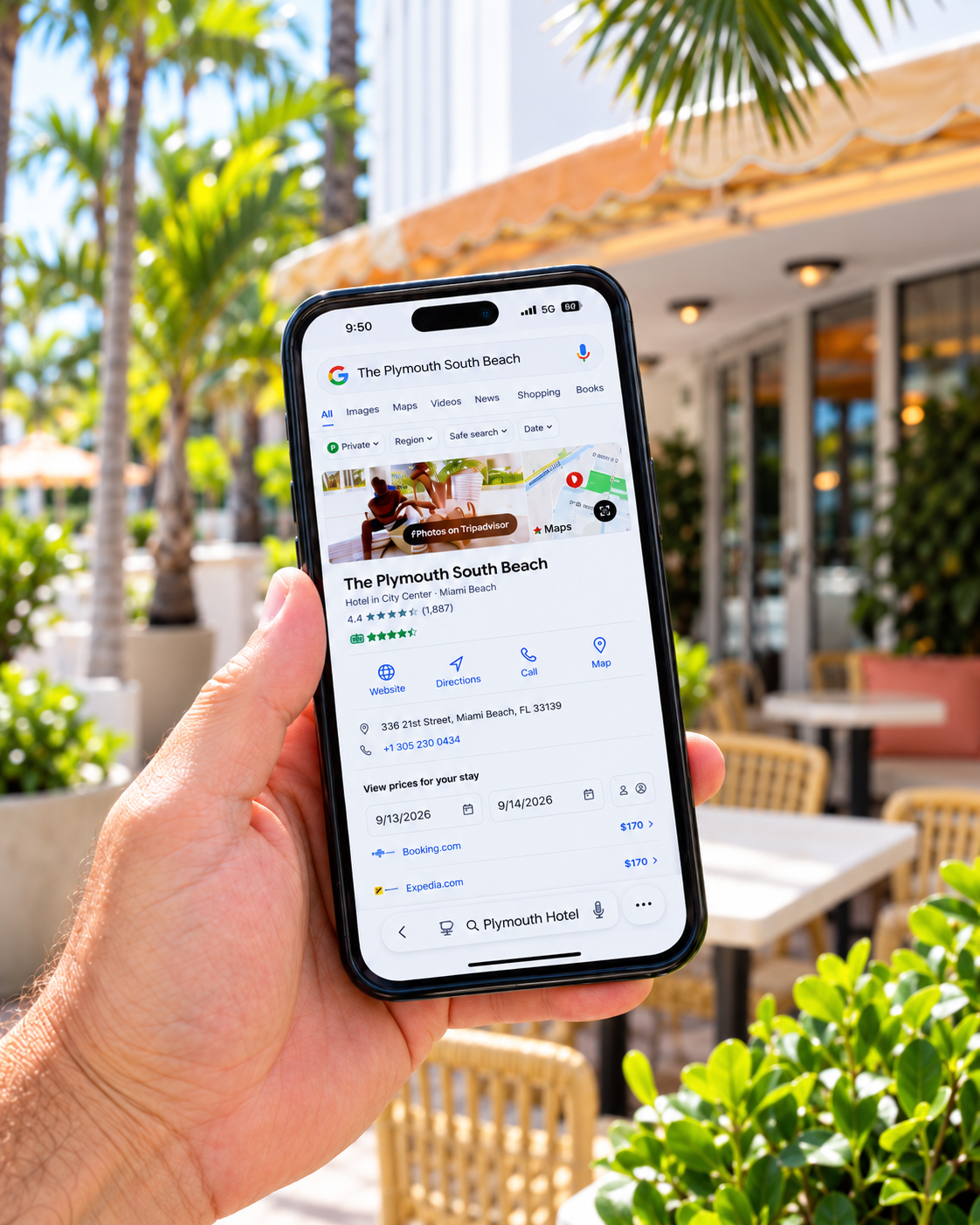 Michael Brady Reviewing The Plymouth South Beach Guest Journey | SignalTide LLC Michael Brady of SignalTide reviewing The Plymouth South Beach hotel search experience on a smartphone while on property in Miami Beach.