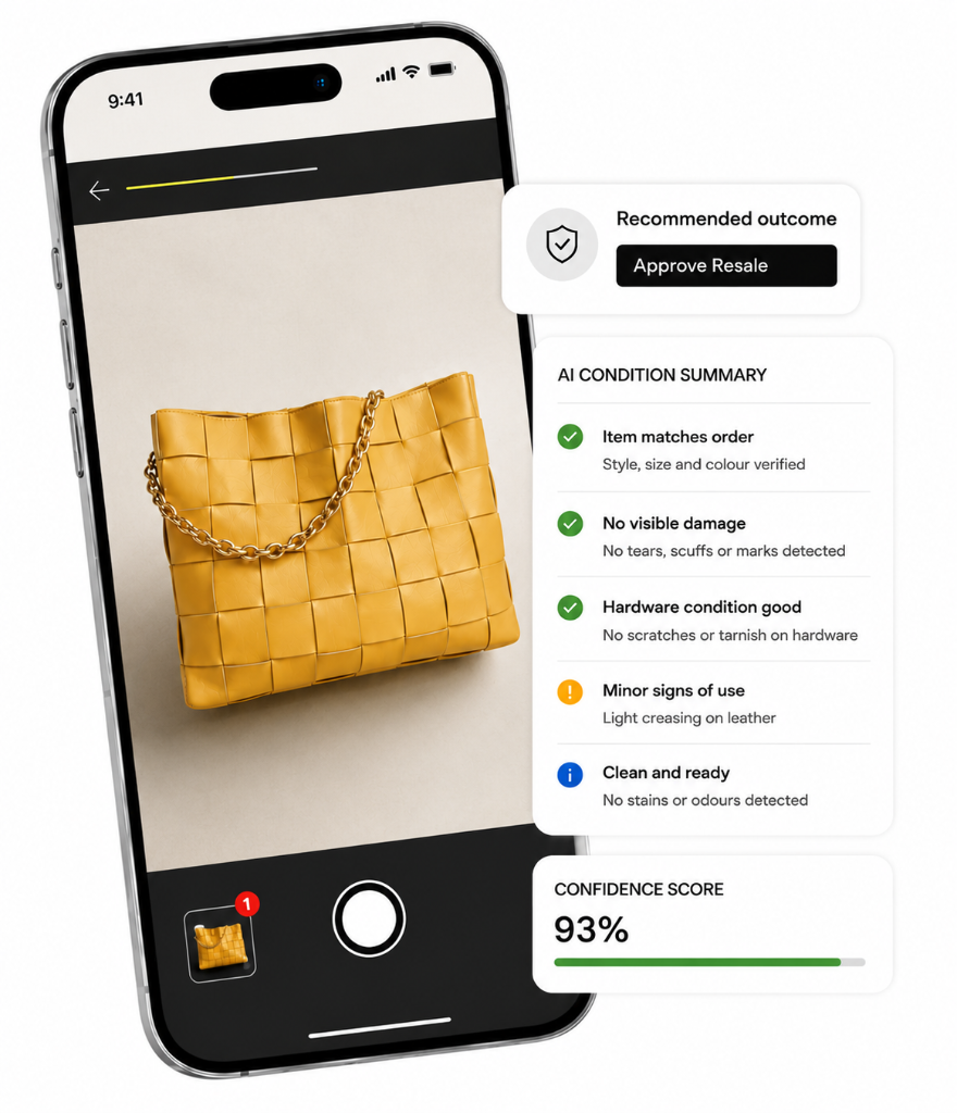 Mobile return verification interface showing photo-based item checks