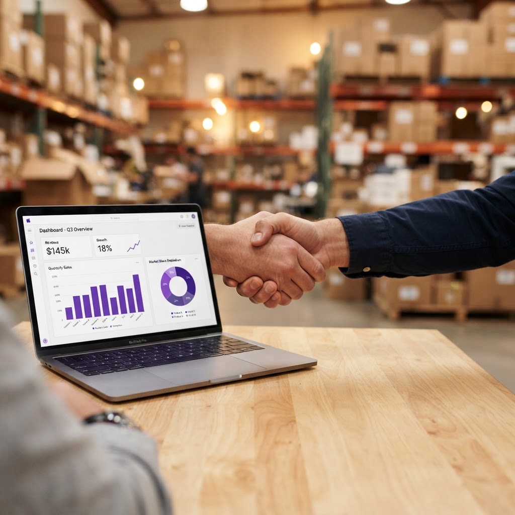 Partners shaking hands over a laptop showing returns insights in a warehouse