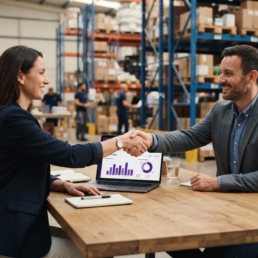 Partners shaking hands in a warehouse