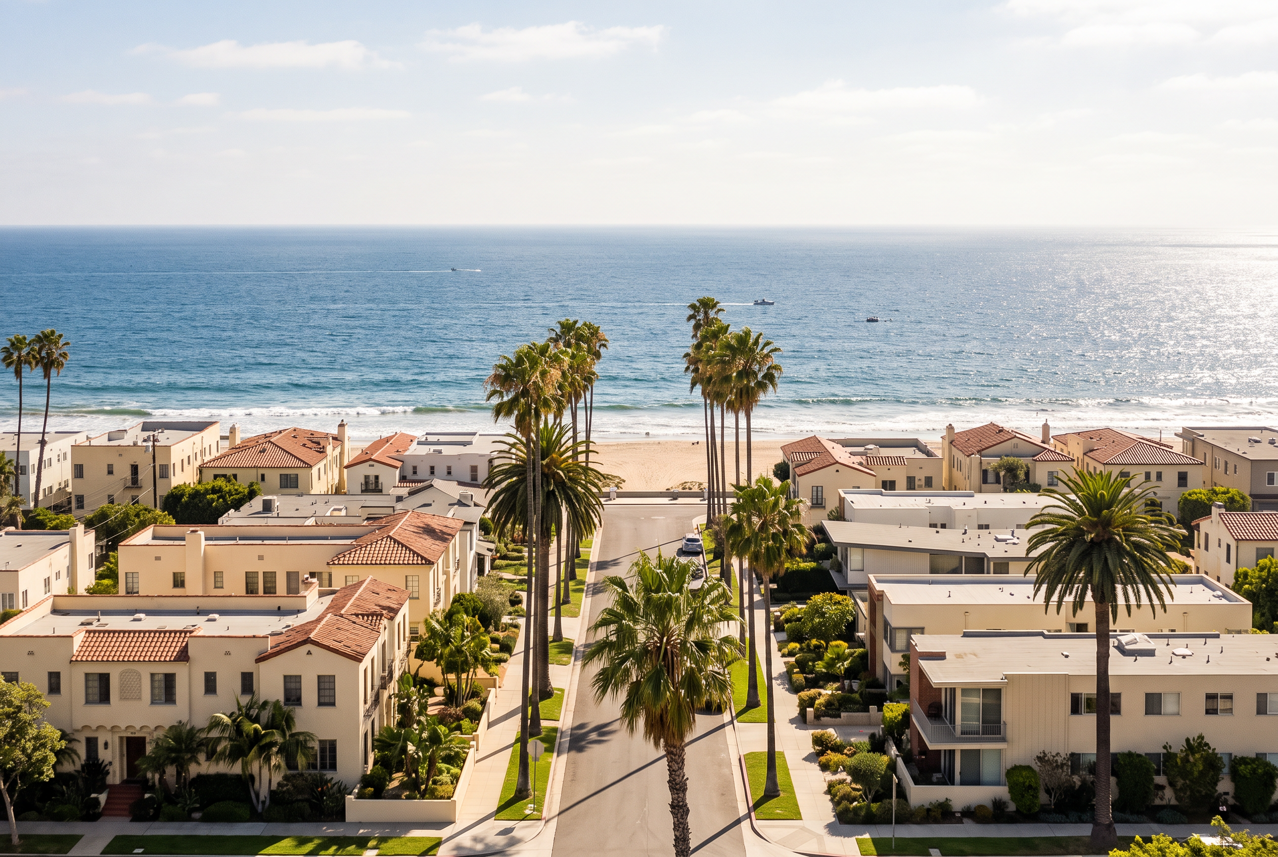 Editorial illustration of palm-lined coastal homes overlooking the Pacific Ocean, inspired by Santa Monica.