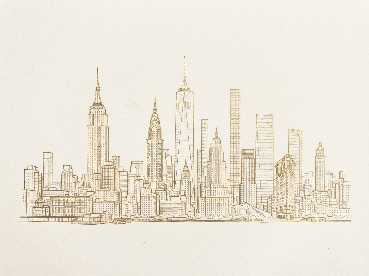 New York skyline drawn in gold ink