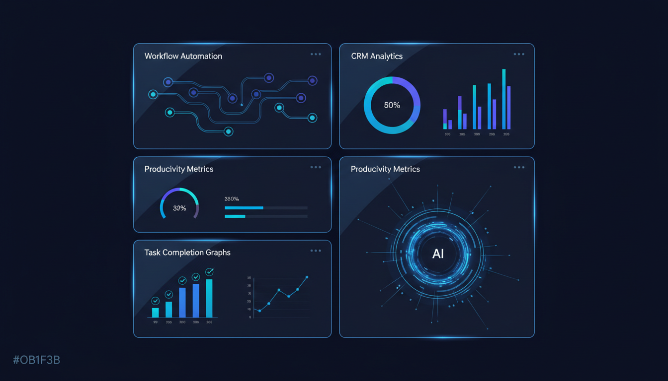 AI-powered operations dashboard showing workflow automation, CRM analytics, and productivity metrics