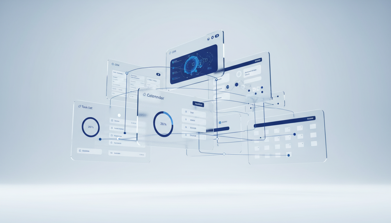 AI-powered operations dashboard with floating CRM, task management, and automation workflow cards