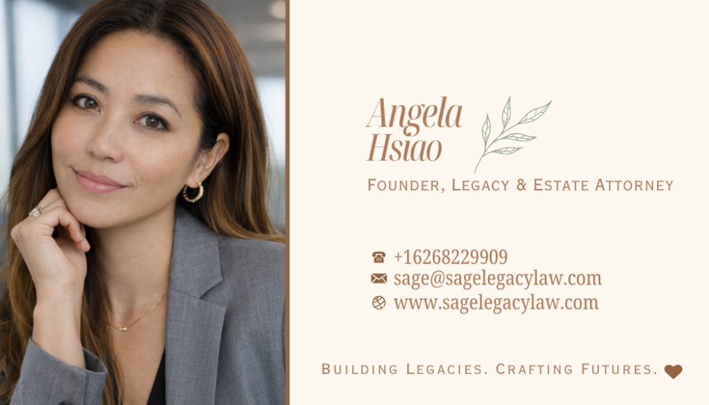 Angela Hsiao business card – English – Sage Legacy Law Pasadena CA