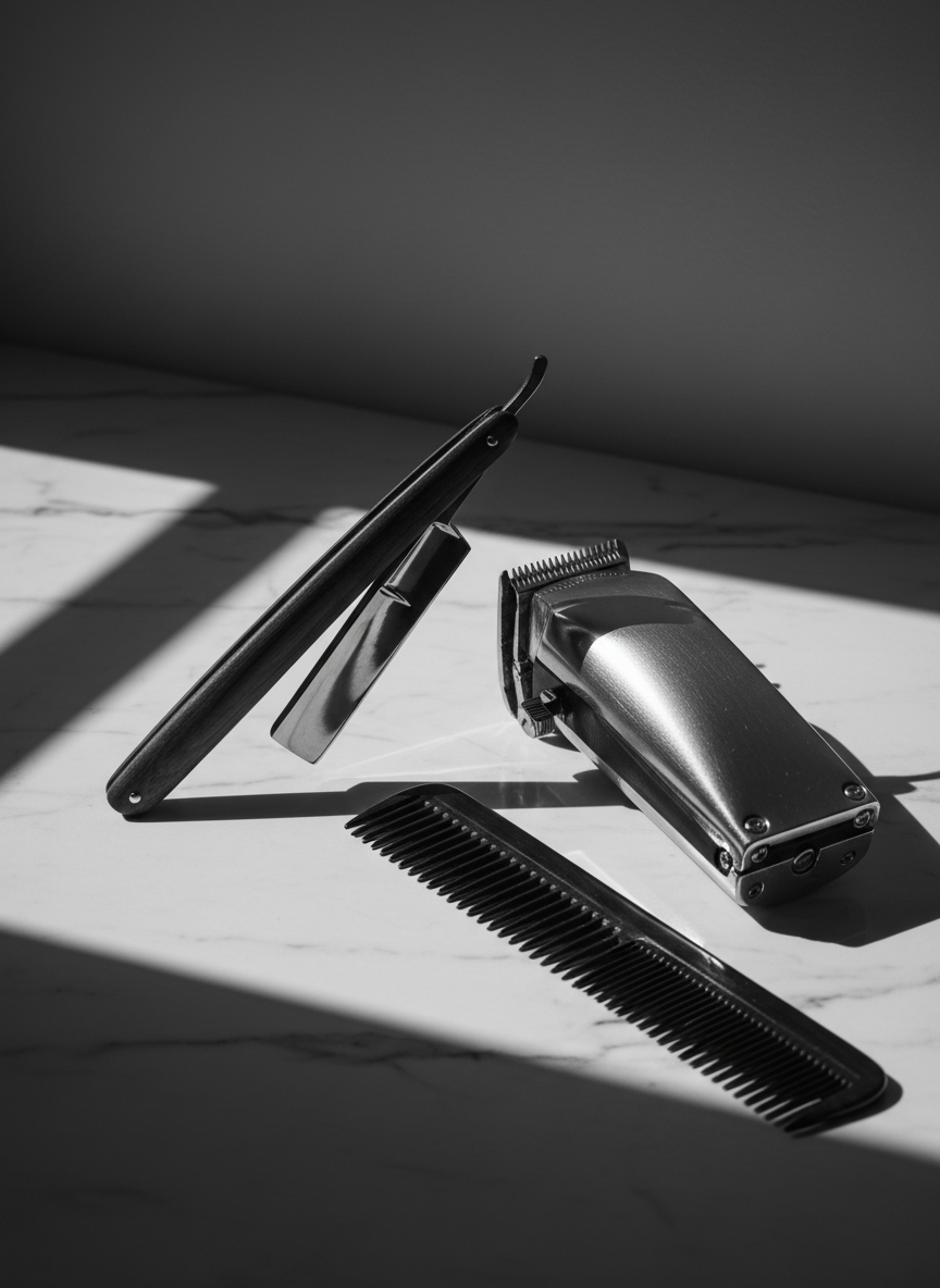 Outils de barbier professionnels sur marbre blanc