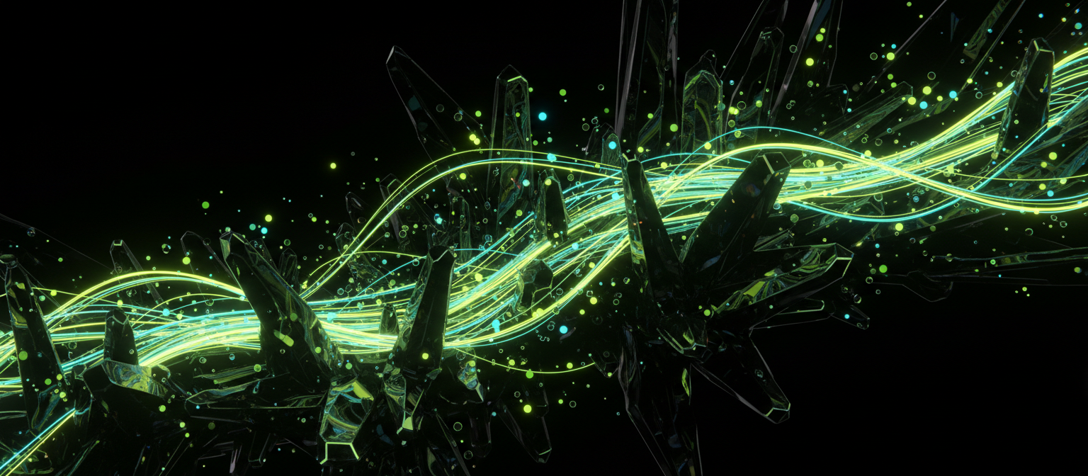 Abstract fiber optic light trails flowing through dark crystalline structures