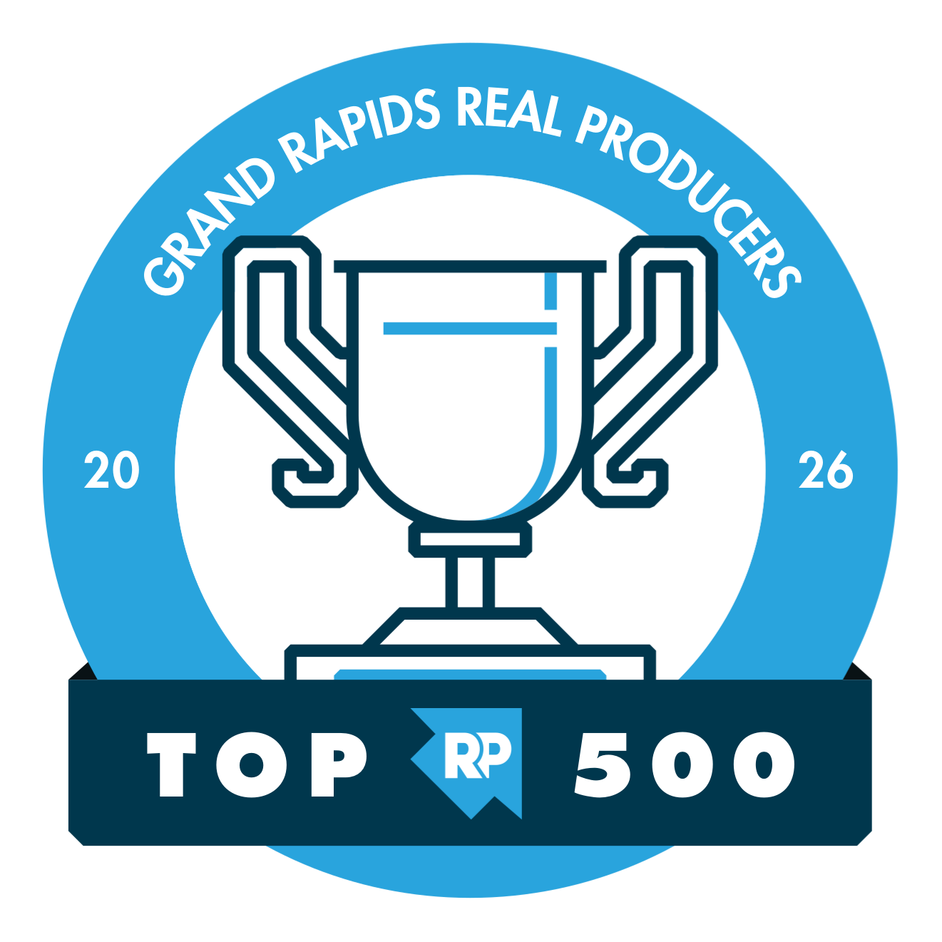 Grand Rapids Real Producers Top 500 award badge for 2026 — awarded to Cassie Uccello, Rockford Michigan REALTOR® at Uccello Properties