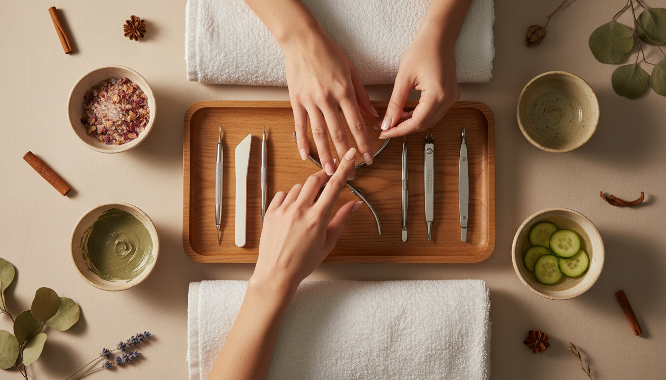 Aerial view of luxury nail salon workspace with premium tools and natural ingredients