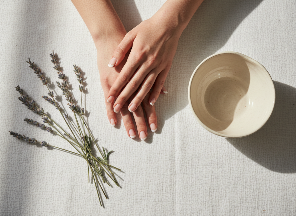Overhead view of hands with French manicure beside lavender and ceramic bowl on white linen