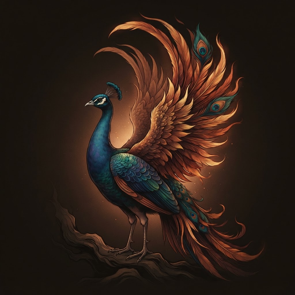 A peacock reimagined with phoenix wings