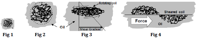 Polymer behaviour diagrams - Fig 1 tight coil, Fig 2 expanded in oil, Fig 3 rotating coil with shear gradient, Fig 4 sheared coil with force