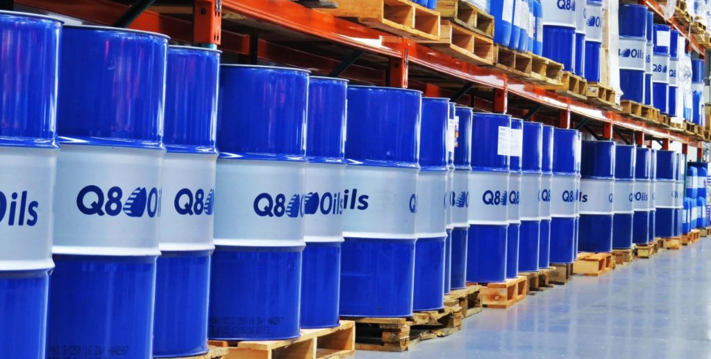 Q8 Oils lubricant drums in warehouse