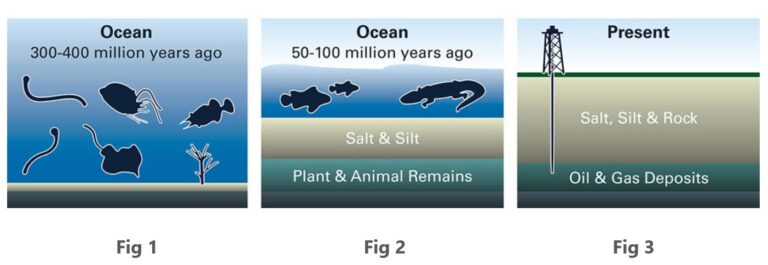Crude oil formation diagrams - Fig 1: Ocean 300-400 million years ago, Fig 2: Ocean 50-100 million years ago with salt/silt and plant/animal remains, Fig 3: Present with oil and gas deposits