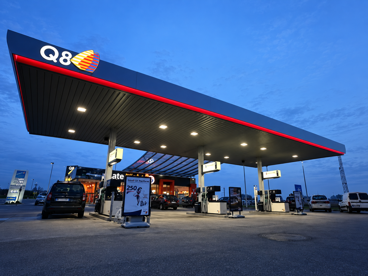 Q8 service station at twilight