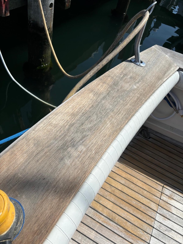 Teak Rail Restoration before — Scrubbies Boat Wash 340