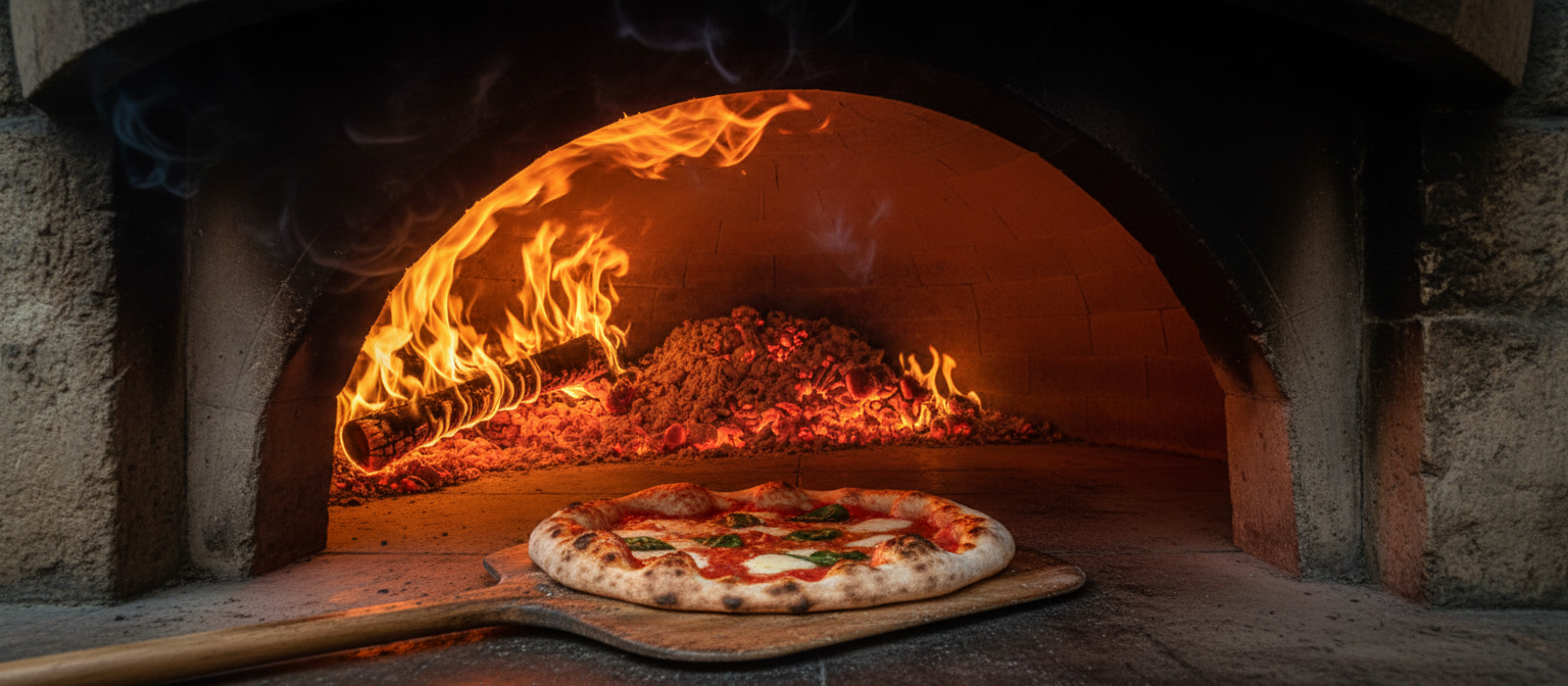 Wood-fired oven with flames