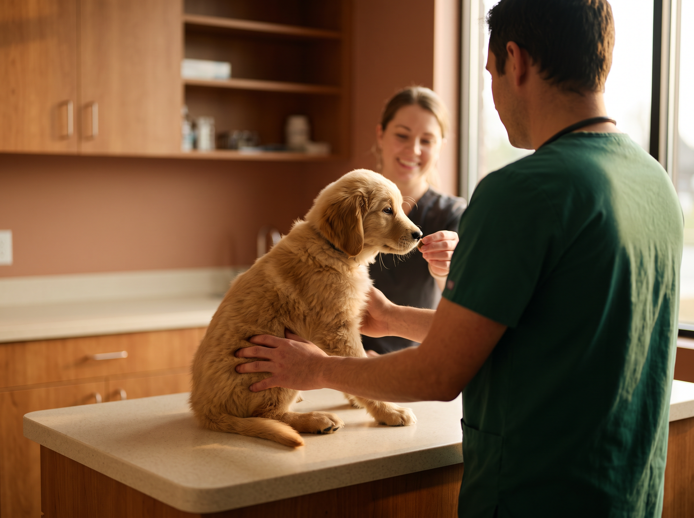 A veterinarian gently examining a golden puppy on an exam table