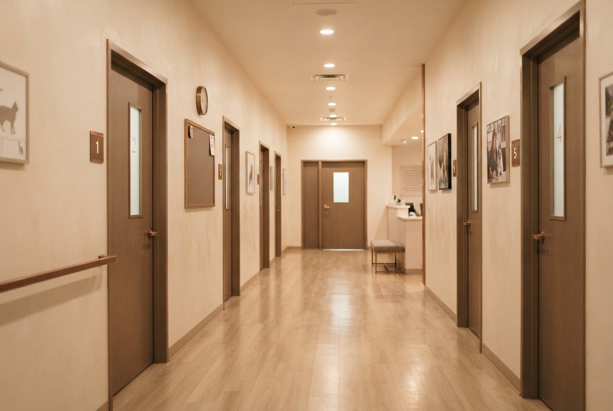Calm veterinary clinic hallway