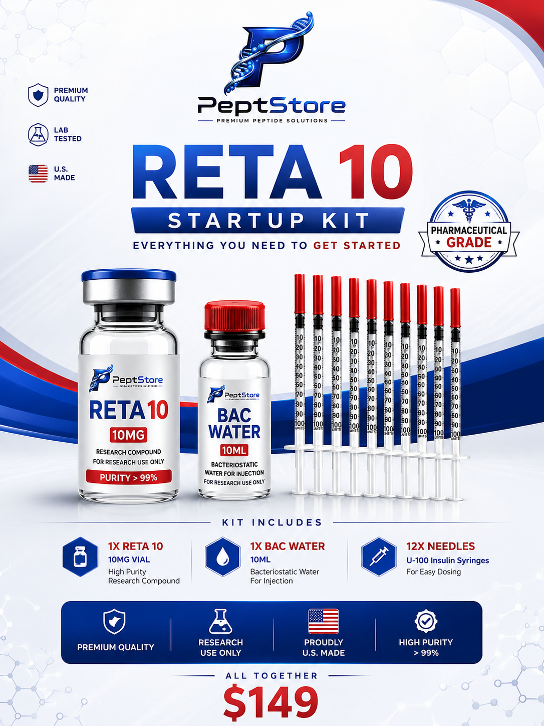 Reta 10 Startup Kit โ Retatrutide 10MG + BAC Water + 12 Needles for $149