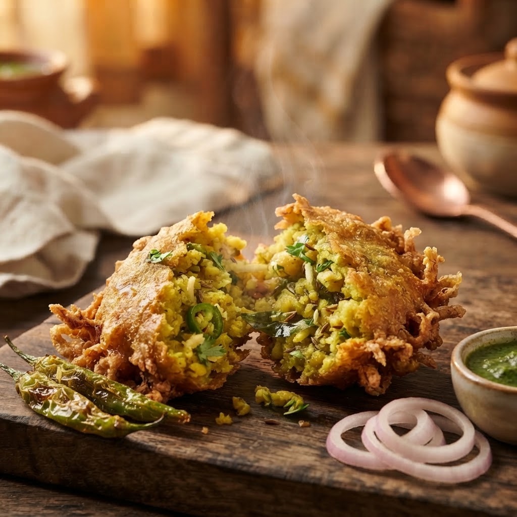 Close-up of crispy dalwada interior
