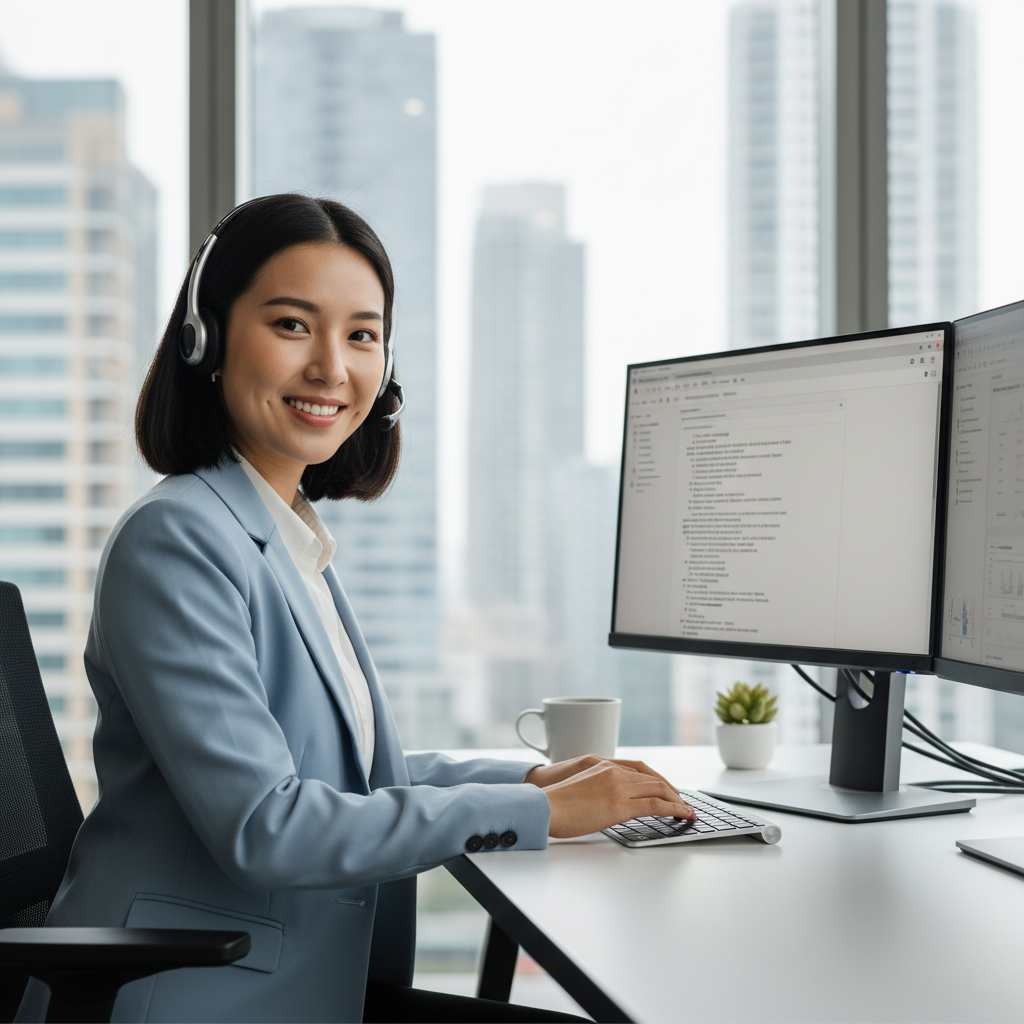 Asian woman in a headset working as a virtual assistant