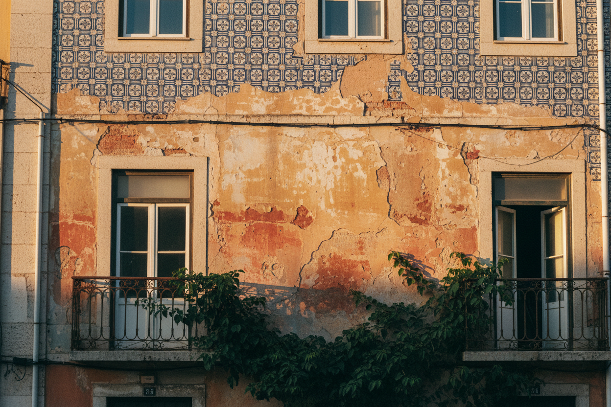 Weathered Lisbon building facade with azulejo tiles