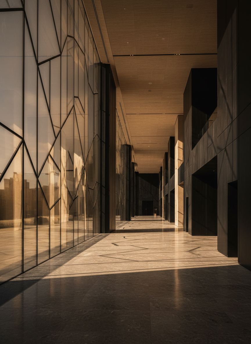 Modern hotel lobby with dramatic lighting