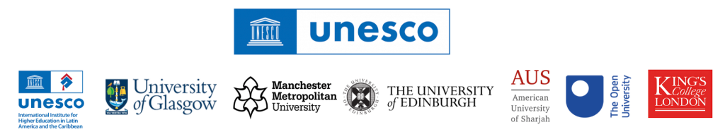 Logos of CoDesignS ESD supporting partners: UNESCO (top centre), and below: UNESCO IESALC, University of Glasgow, Manchester Metropolitan University, The University of Edinburgh, American University of Sharjah, The Open University, and King's College London