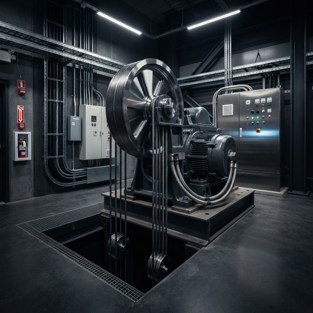 Elevator machine room showing precision engineering