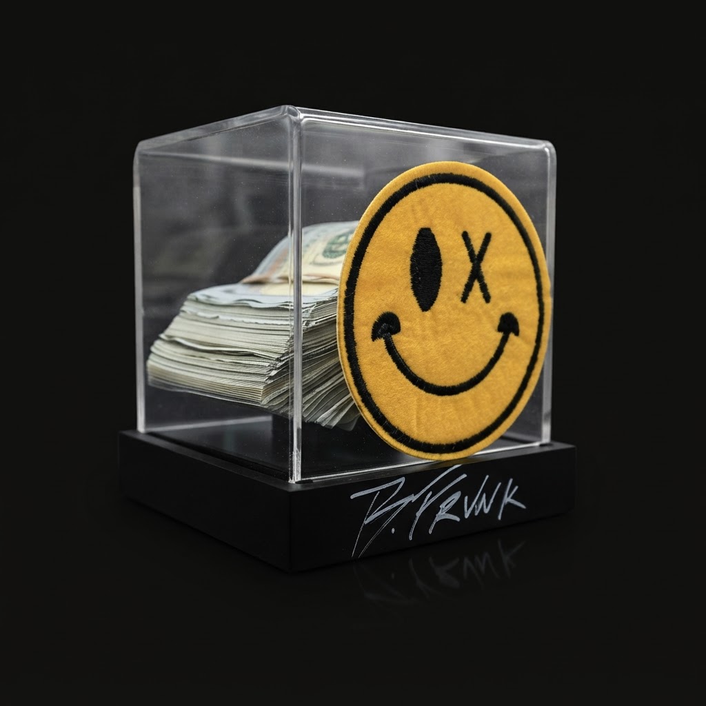 The collectible smile, under glass.