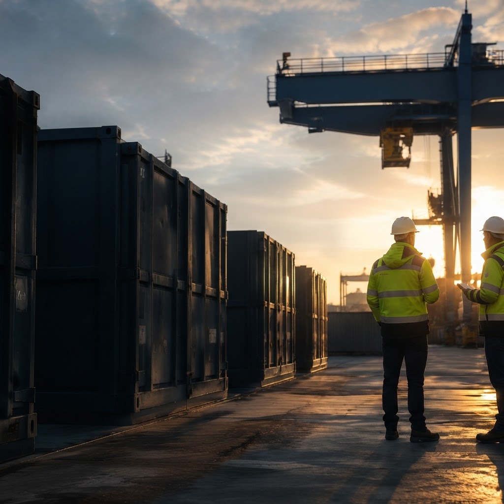 Industriehafen mit Containern und Brückenkran bei goldener Stunde